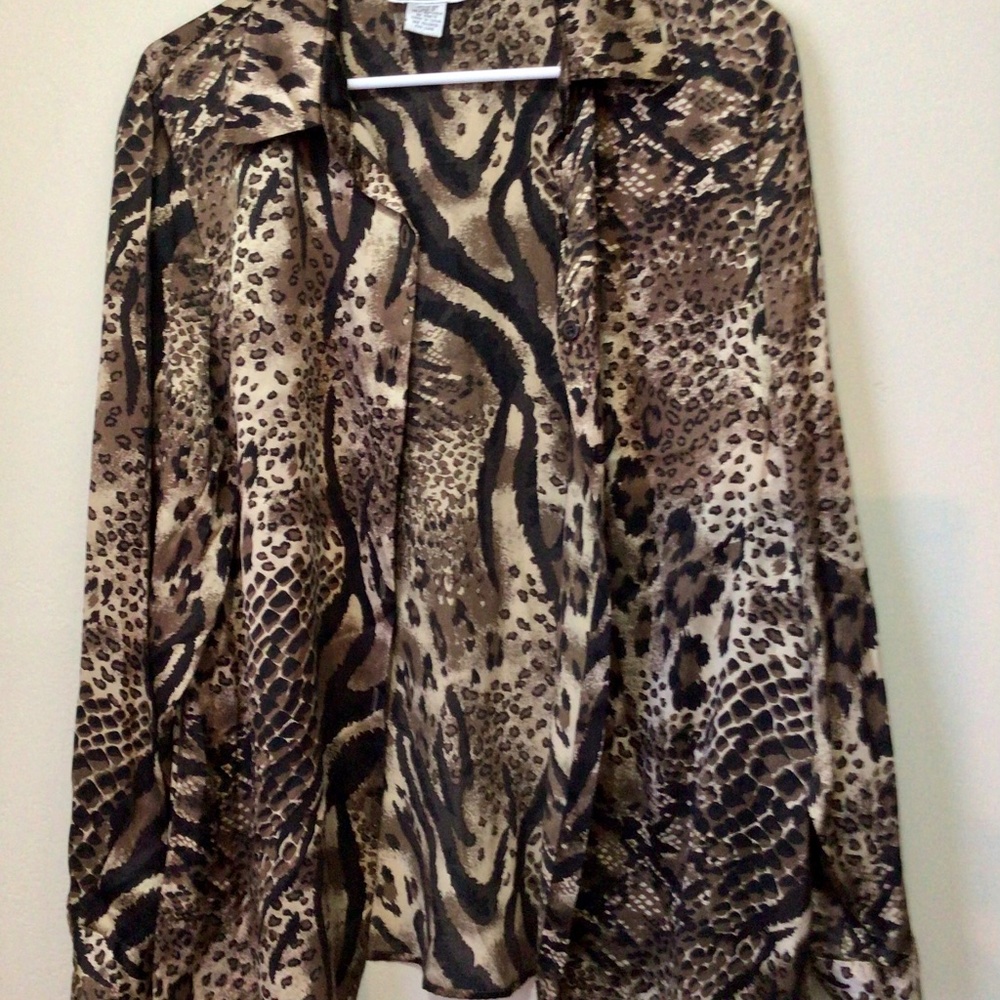 Bob Mackie, animal print button down silk blouse/ shirt